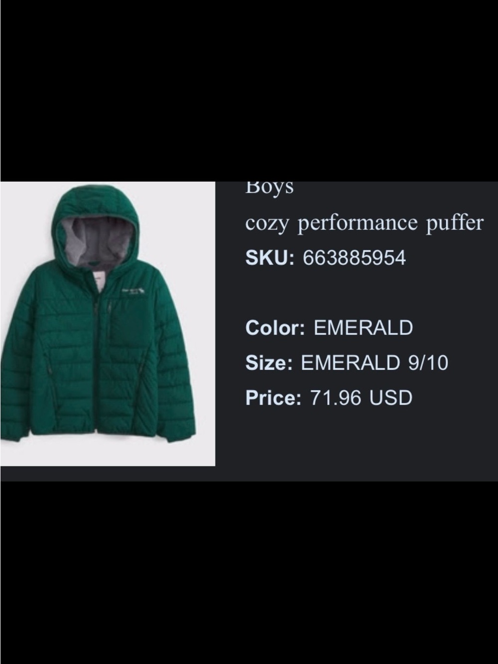 Abercrombie kids boy Emerald Cozy Performance Puffer Jacket